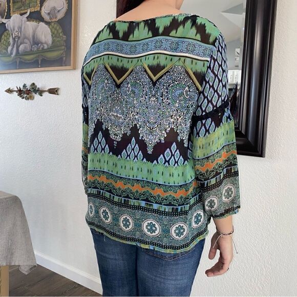 Bila Womens Printed Round Neck 3/4 Sleeve Sheer Embellished Tunic Multicolor XL - Picture 3 of 9